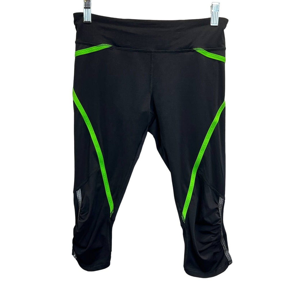 Lululemon Run Crop Leggings Neon Green Contrast Piping Back Zip Pocket Womens 6